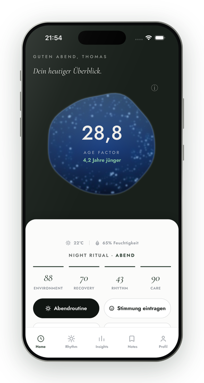 NATURFACTOR App – Startbildschirm mit Age Factor und den vier Faktoren Environment, Recovery, Rhythm und Care